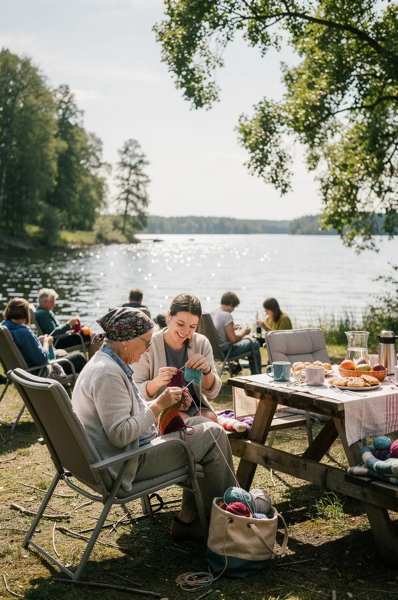 Person reading a knitting pattern with yarn and needles.